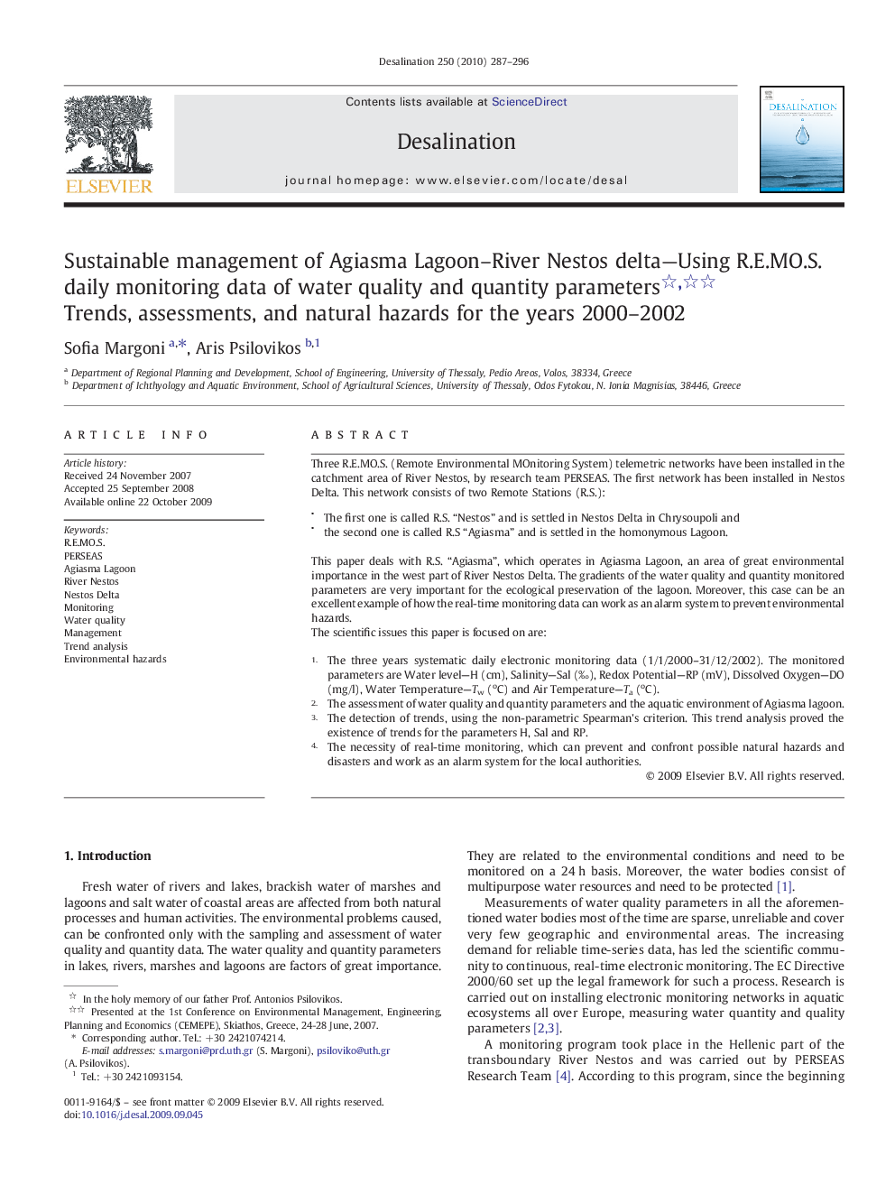 Sustainable management of Agiasma Lagoon-River Nestos delta-Using R.E.MO.S. daily monitoring data of water quality and quantity parameters