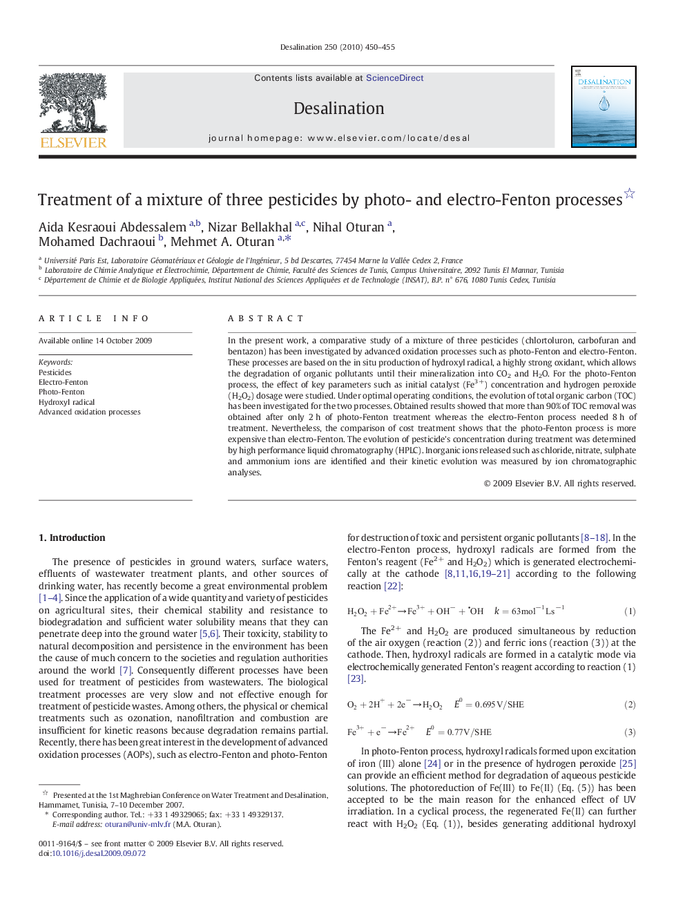 Treatment of a mixture of three pesticides by photo- and electro-Fenton processes