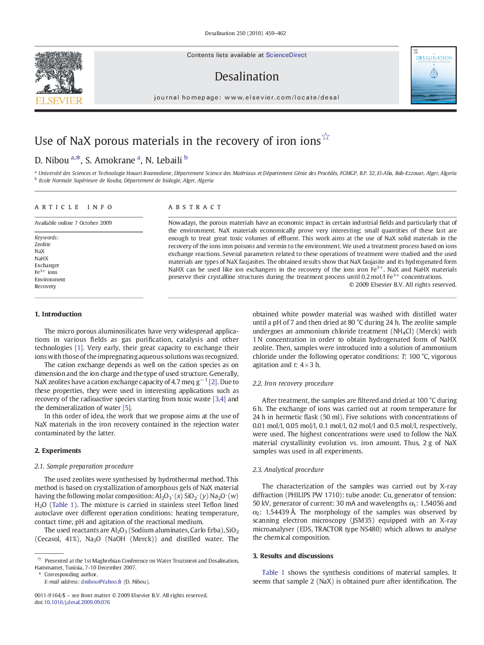 Use of NaX porous materials in the recovery of iron ions