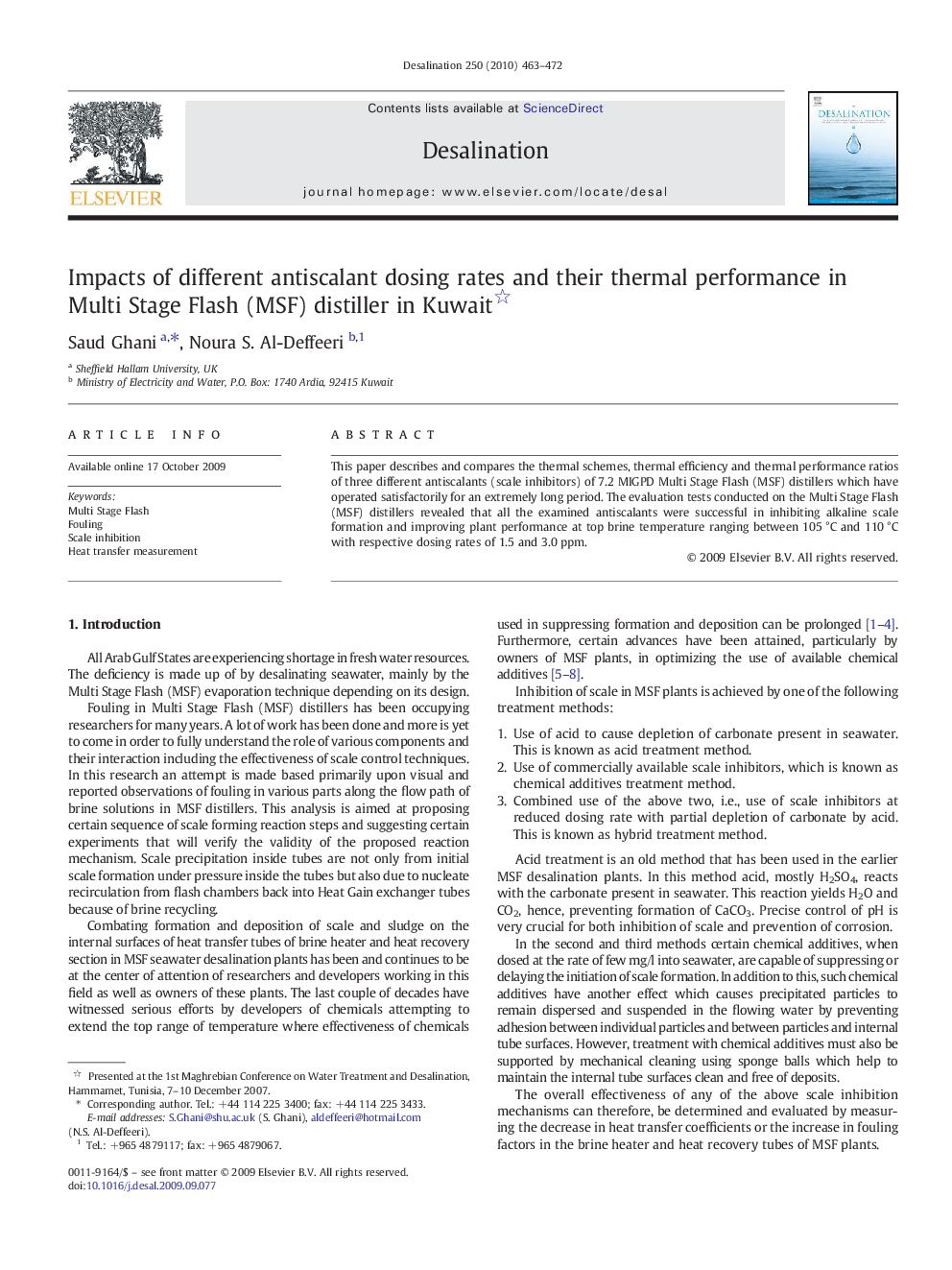 Impacts of different antiscalant dosing rates and their thermal performance in Multi Stage Flash (MSF) distiller in Kuwait