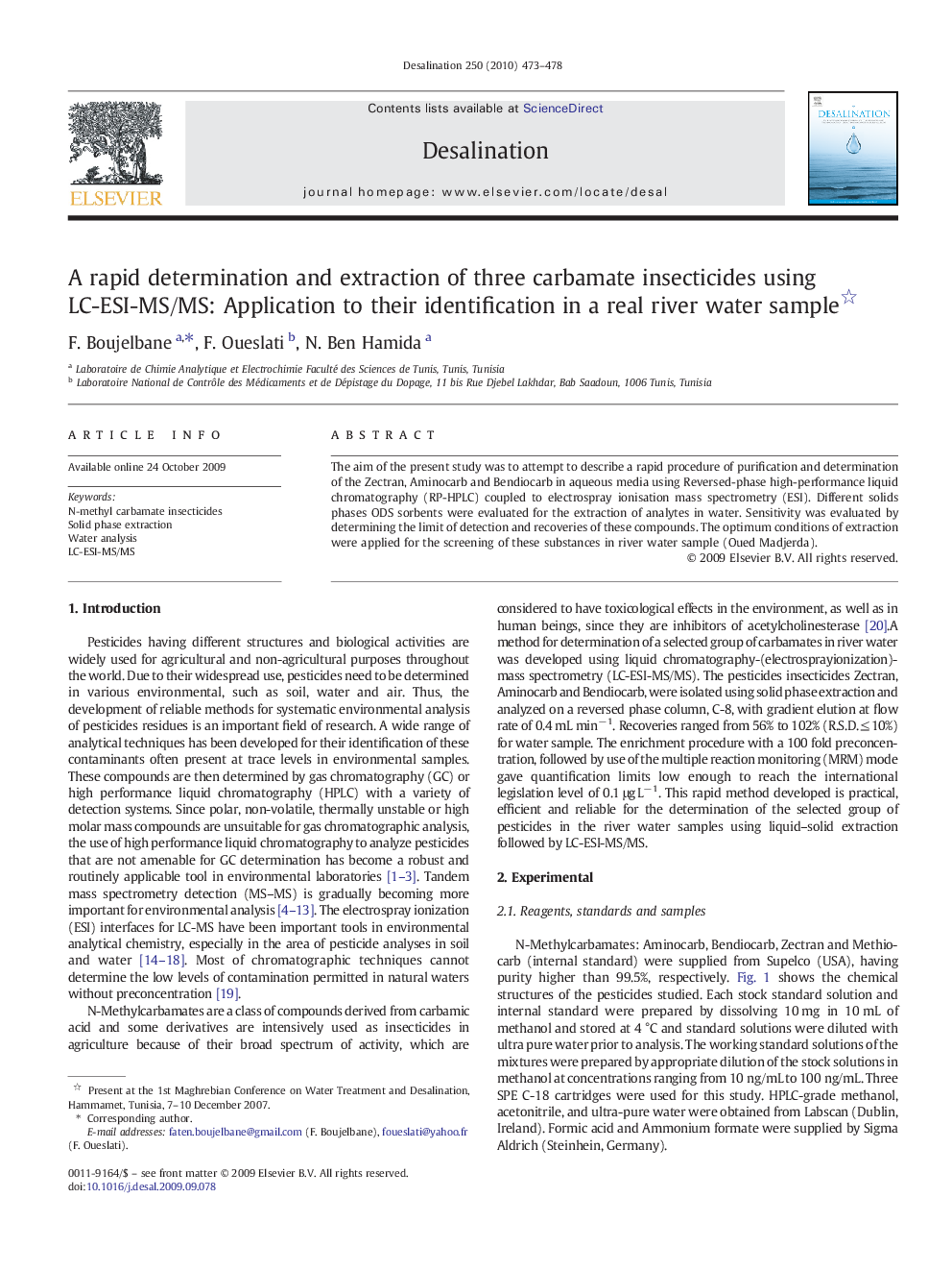 A rapid determination and extraction of three carbamate insecticides using LC-ESI-MS/MS: Application to their identification in a real river water sample