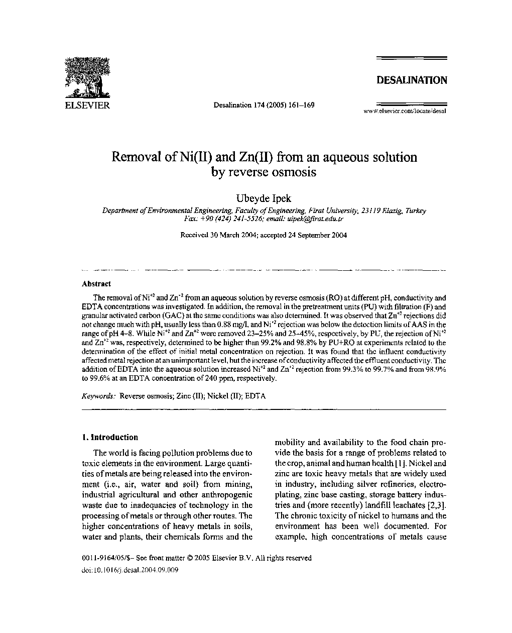 Removal of Ni(II) and Zn(II) from an aqueous solutionby reverse osmosis