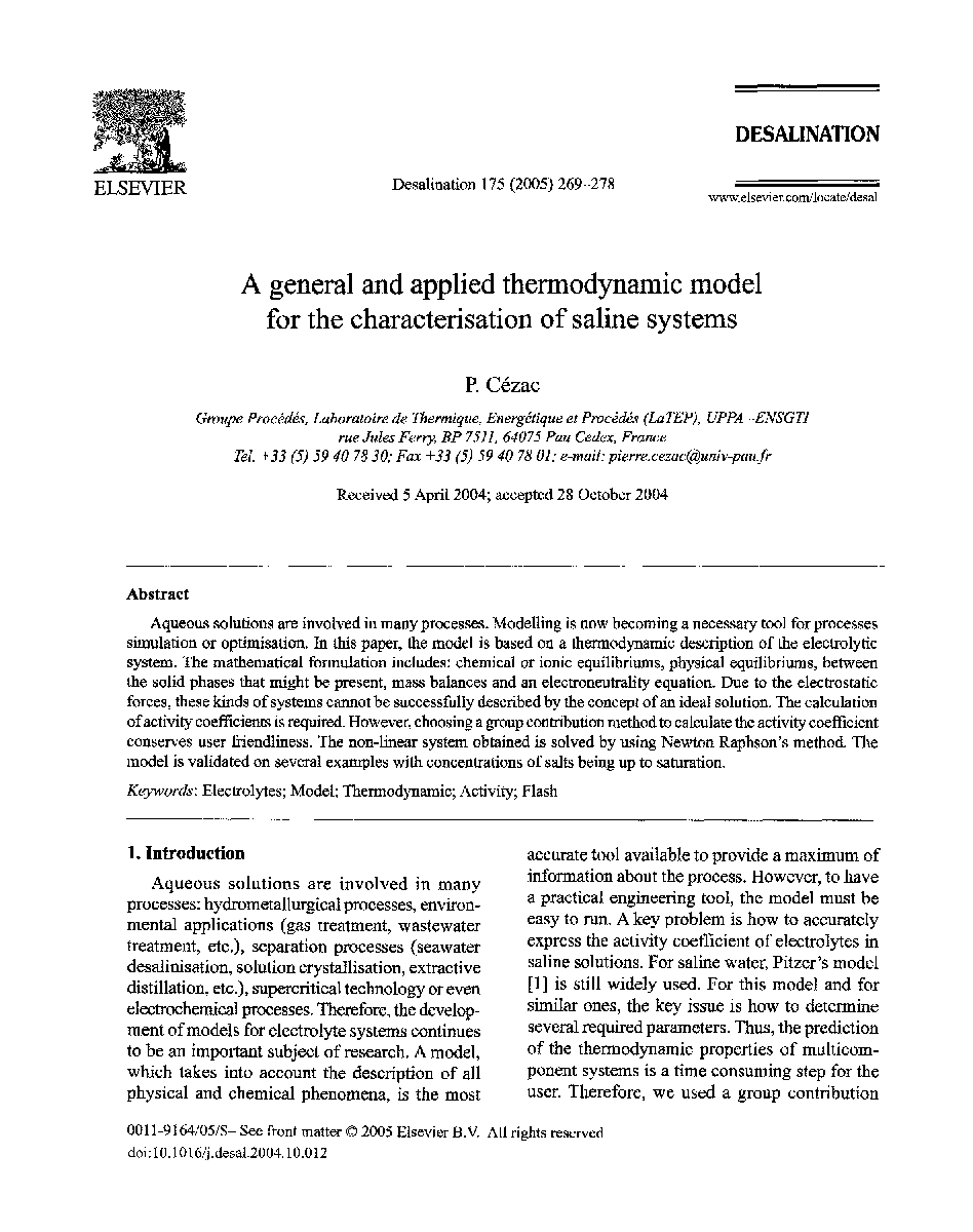 A general and applied thermodynamic model for the characterisation of saline systems