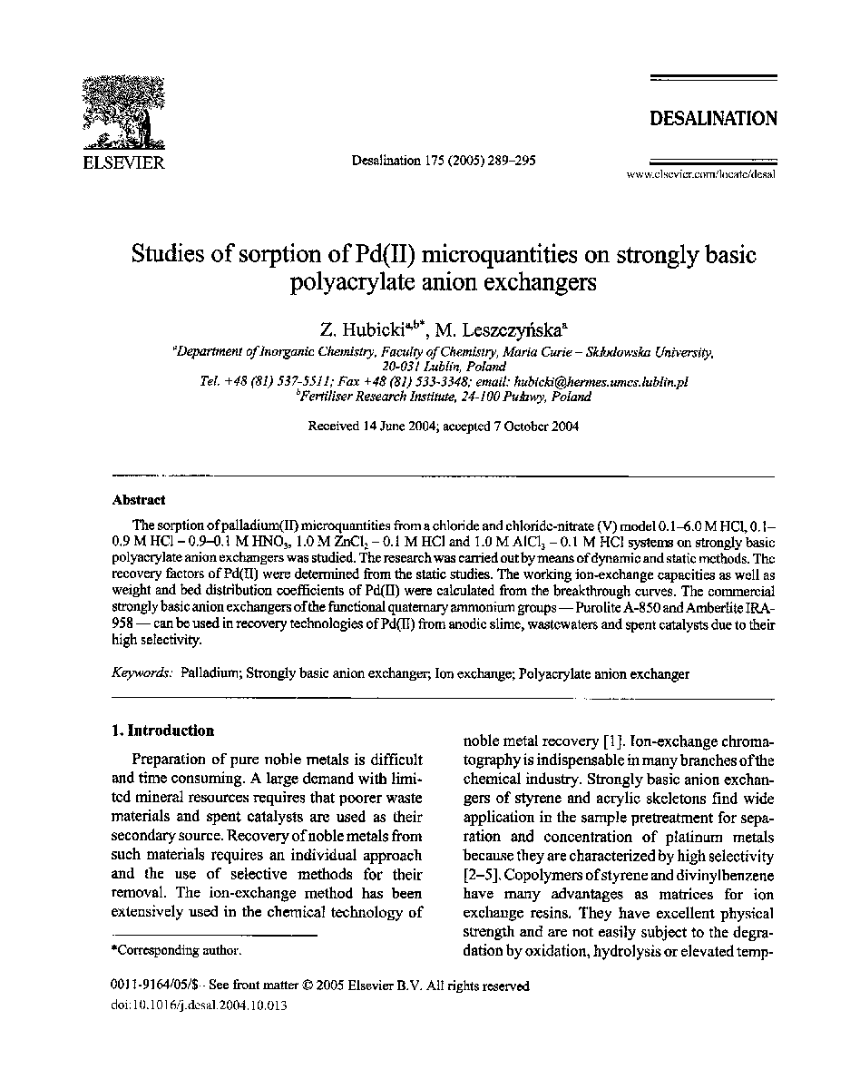 Studies of sorption of Pd(II) microquantities on strongly basic polyacrylate anion exchangers