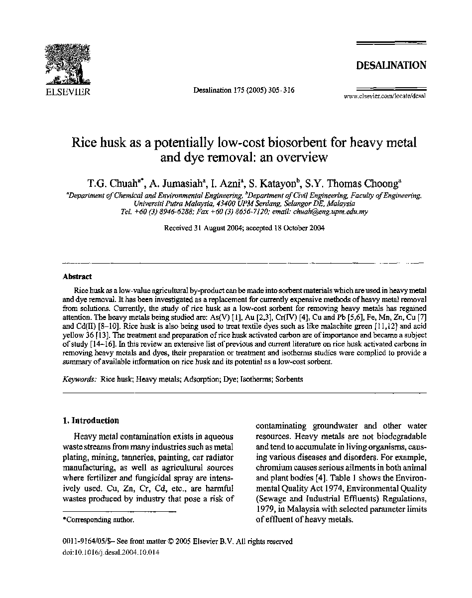 Rice husk as a potentially low-cost biosorbent for heavy metal and dye removal: an overview