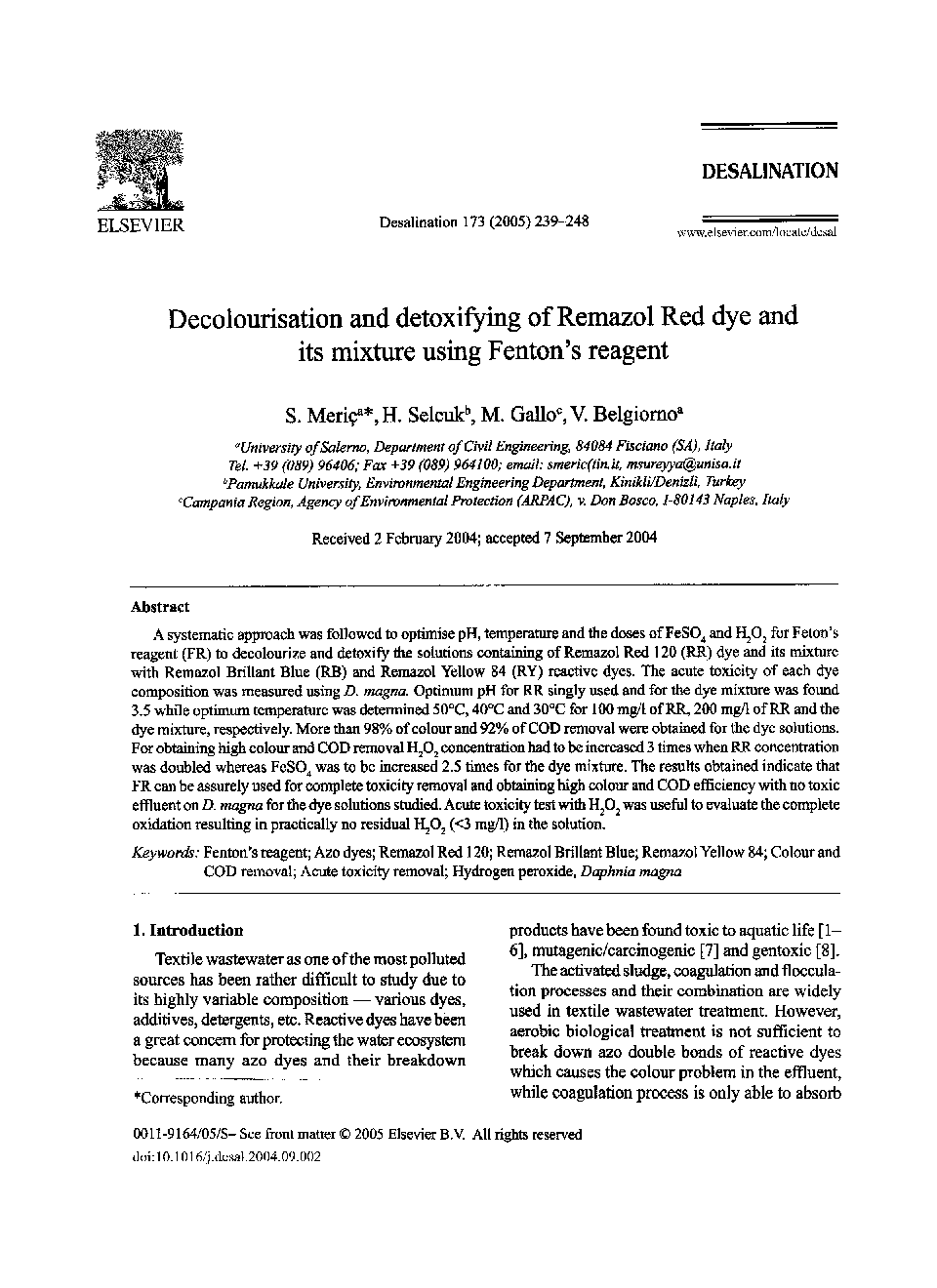 Decolourisation and detoxifying of Remazol Red dye and its mixture using Fenton's reagent