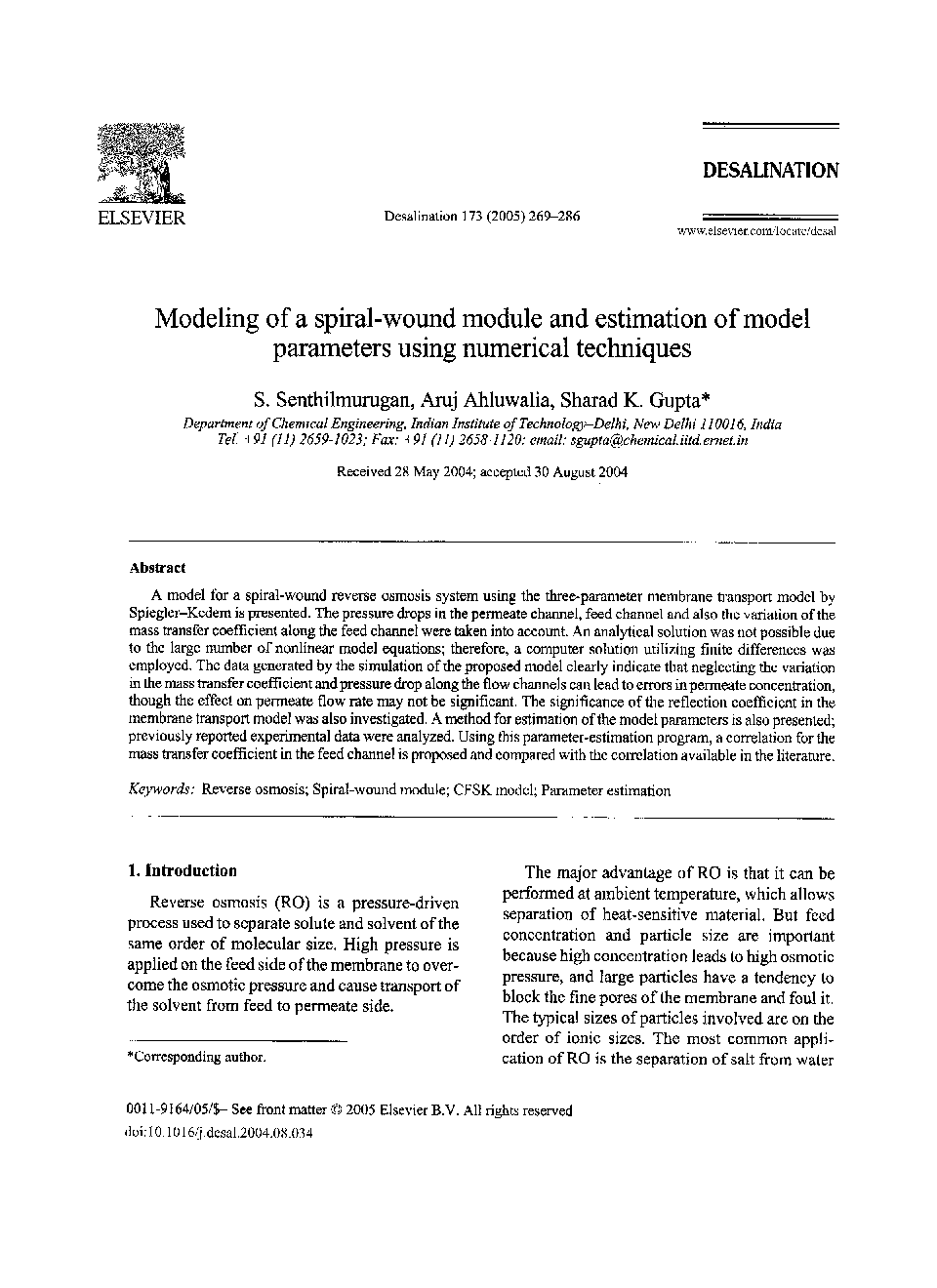 Modeling of a spiral-wound module and estimation of model parameters using numerical techniques