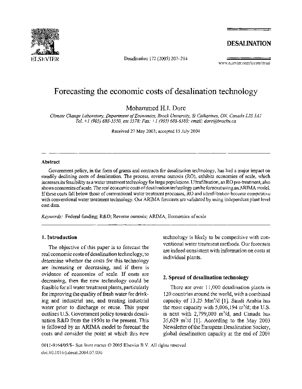 Forecasting the economic costs of desalination technology