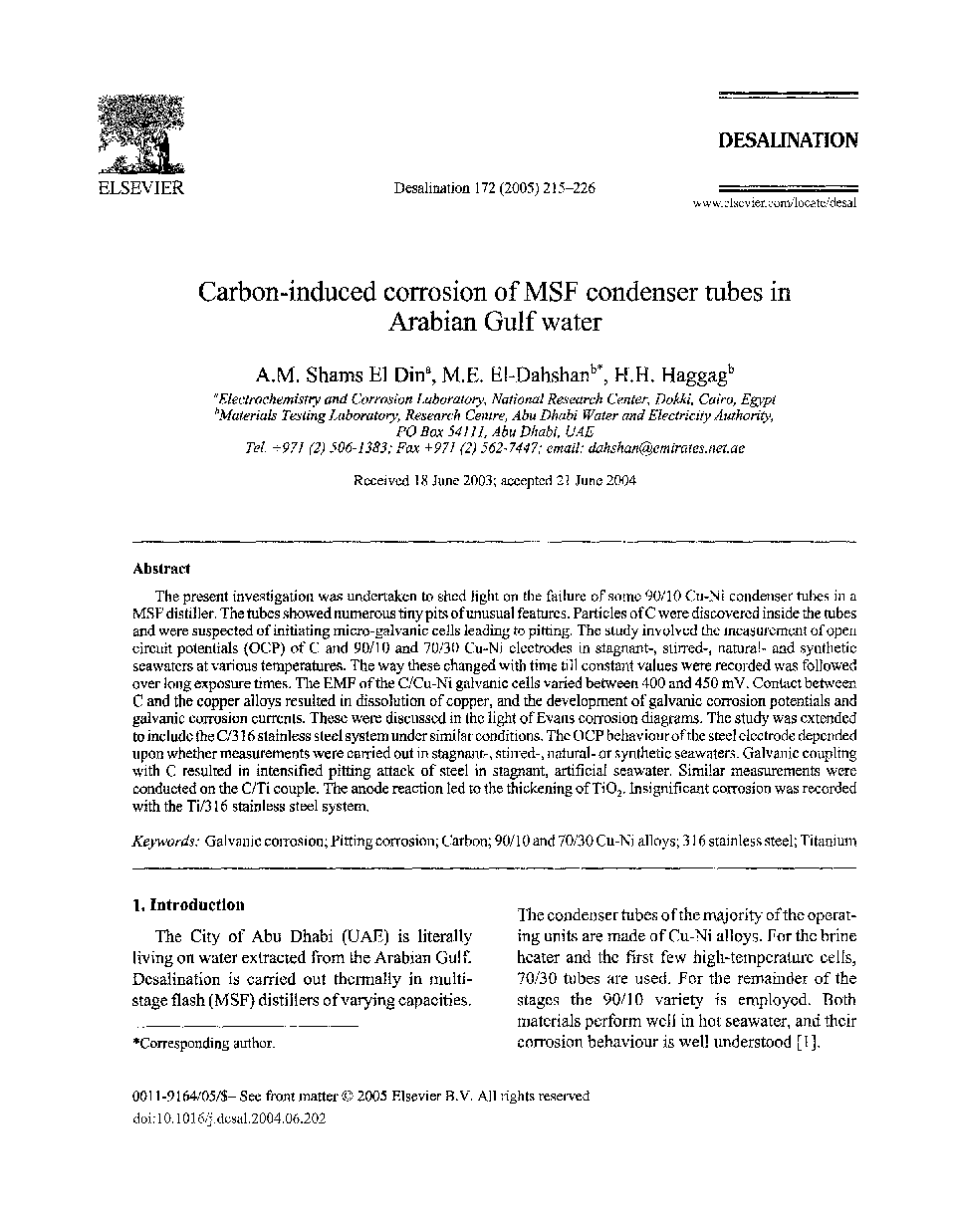 Carbon-induced corrosion of MSF condenser tubes in Arabian Gulf water