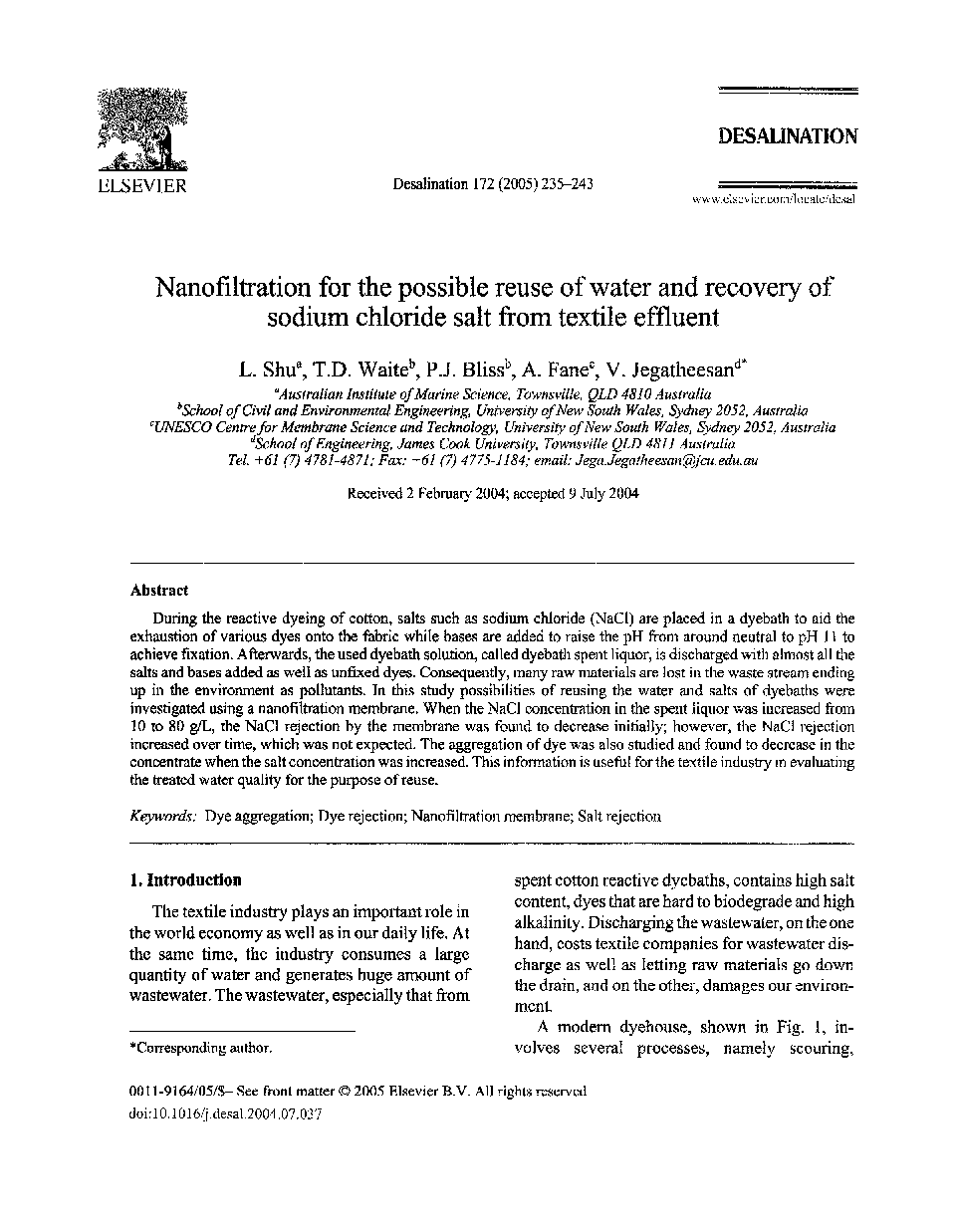 Nanofiltration for the possible reuse of water and recovery of sodium chloride salt from textile effluent