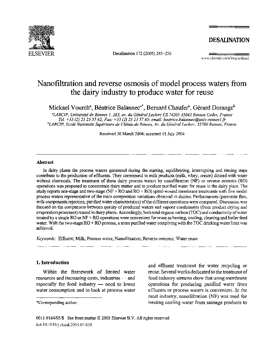 Nanofiltration and reverse osmosis of model process waters fromthe dairy industry to produce water for reuse