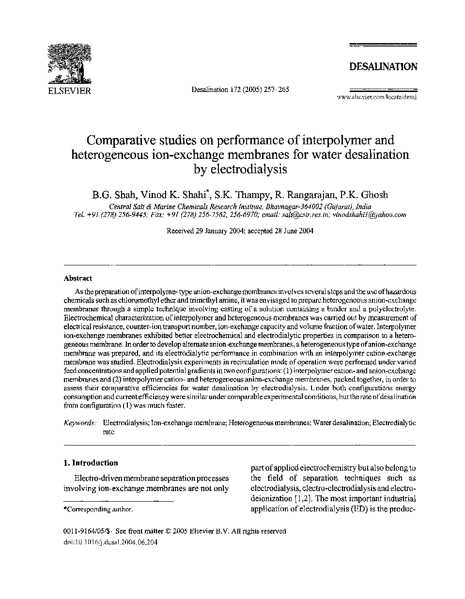 Comparative studies on performance of interpolymer and heterogeneous ion-exchange membranes for water desalination by electrodialysis