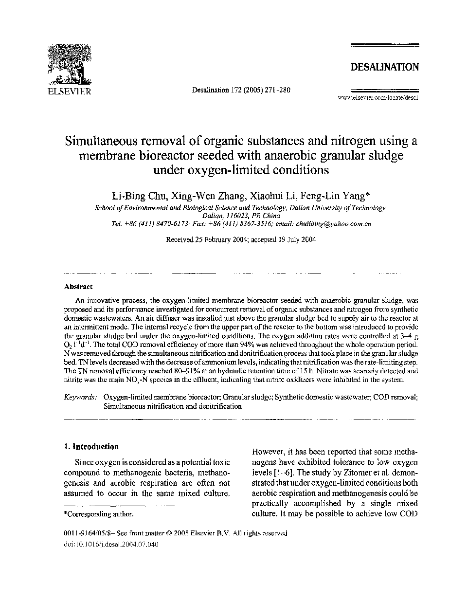 Simultaneous removal of organic substances and nitrogen using amembrane bioreactor seeded with anaerobic granular sludge under oxygen-limited conditions