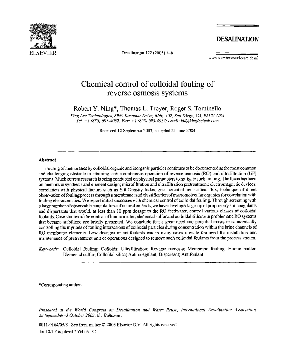 Chemical control of colloidal fouling of reverse osmosis systems