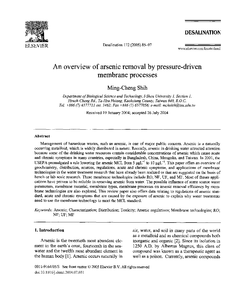 An overview of arsenic removal by pressure-drivenmembrane processes