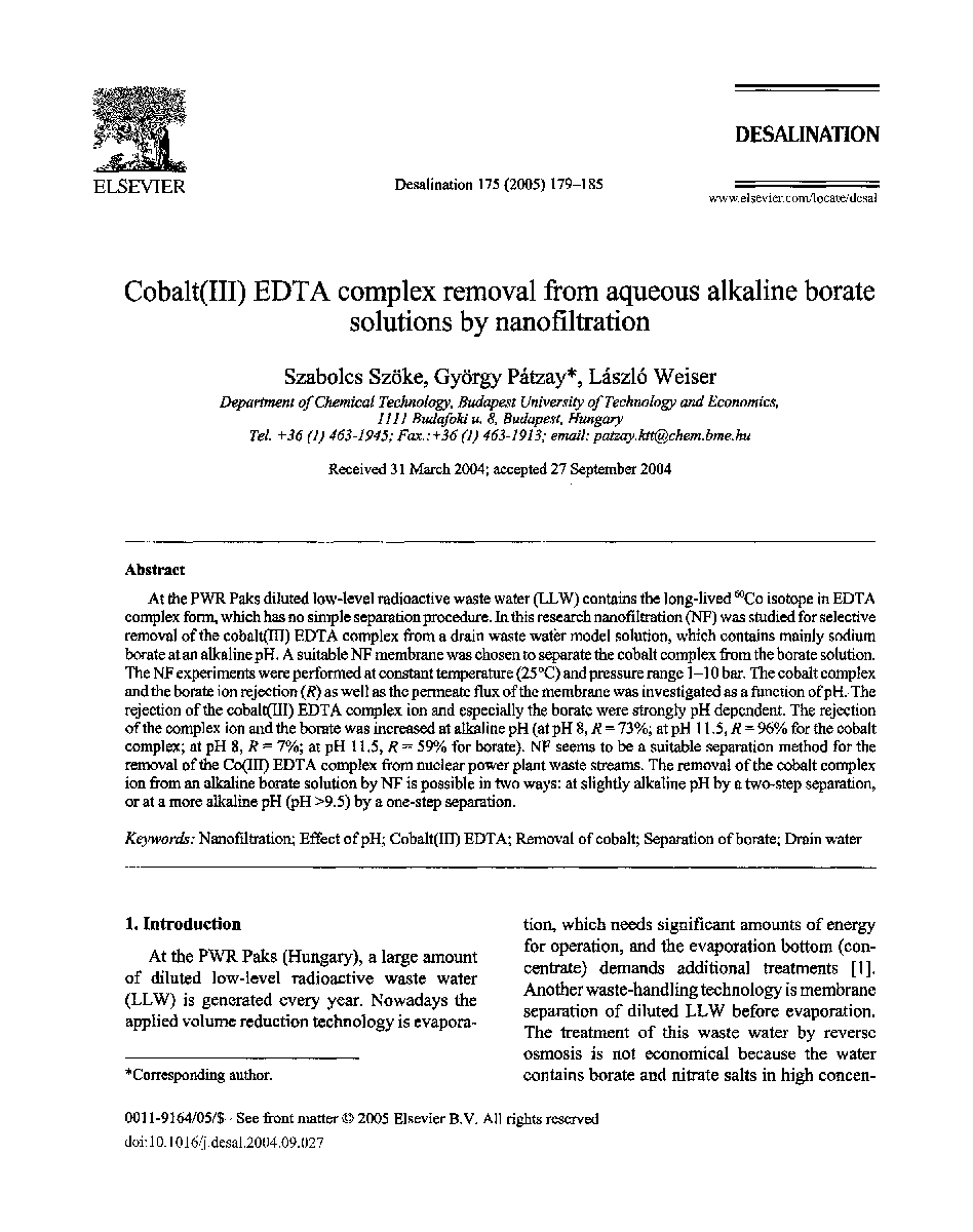 Cobalt(III) EDTA complex removal from aqueous alkaline borate solutions by nanofiltration