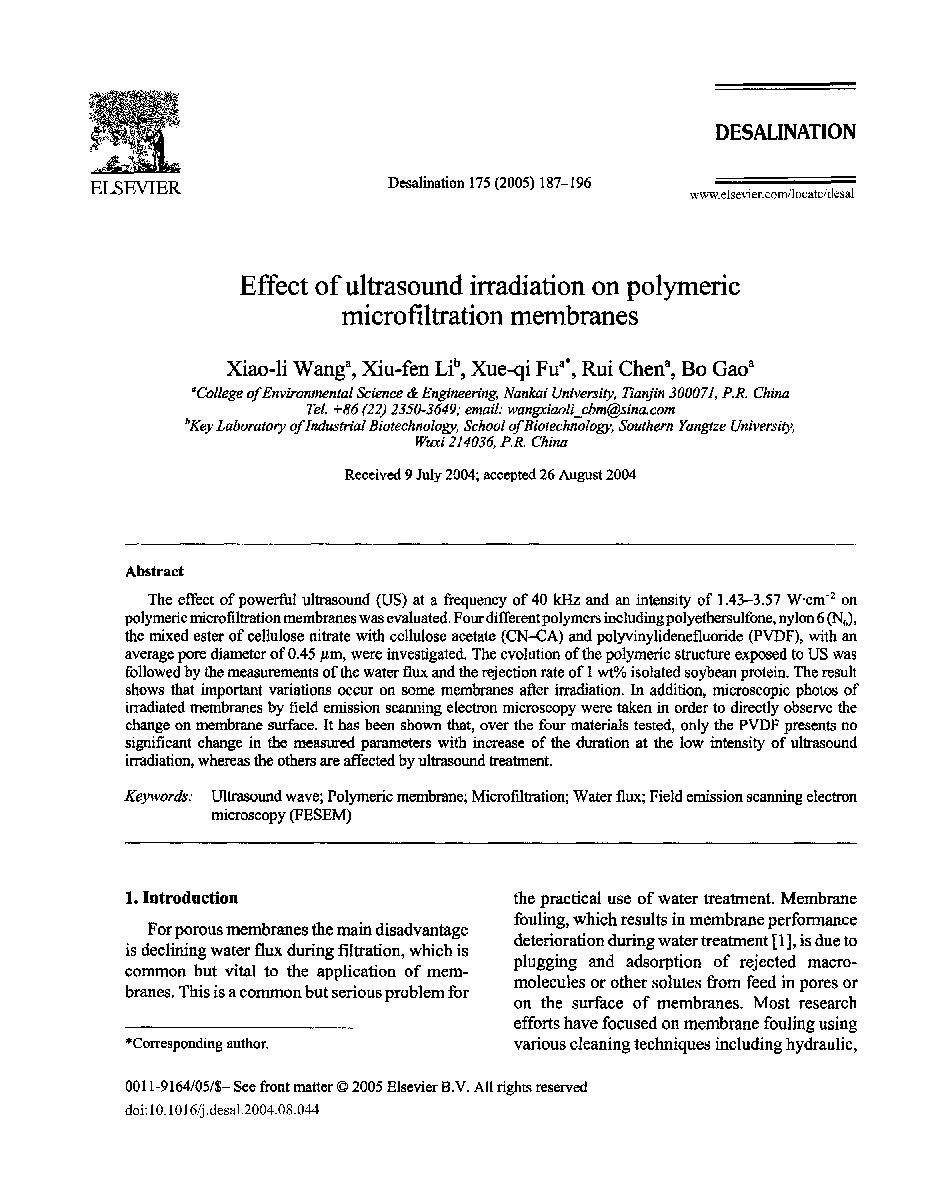 Effect of ultrasound irradiation on polymeric microfiltration membranes