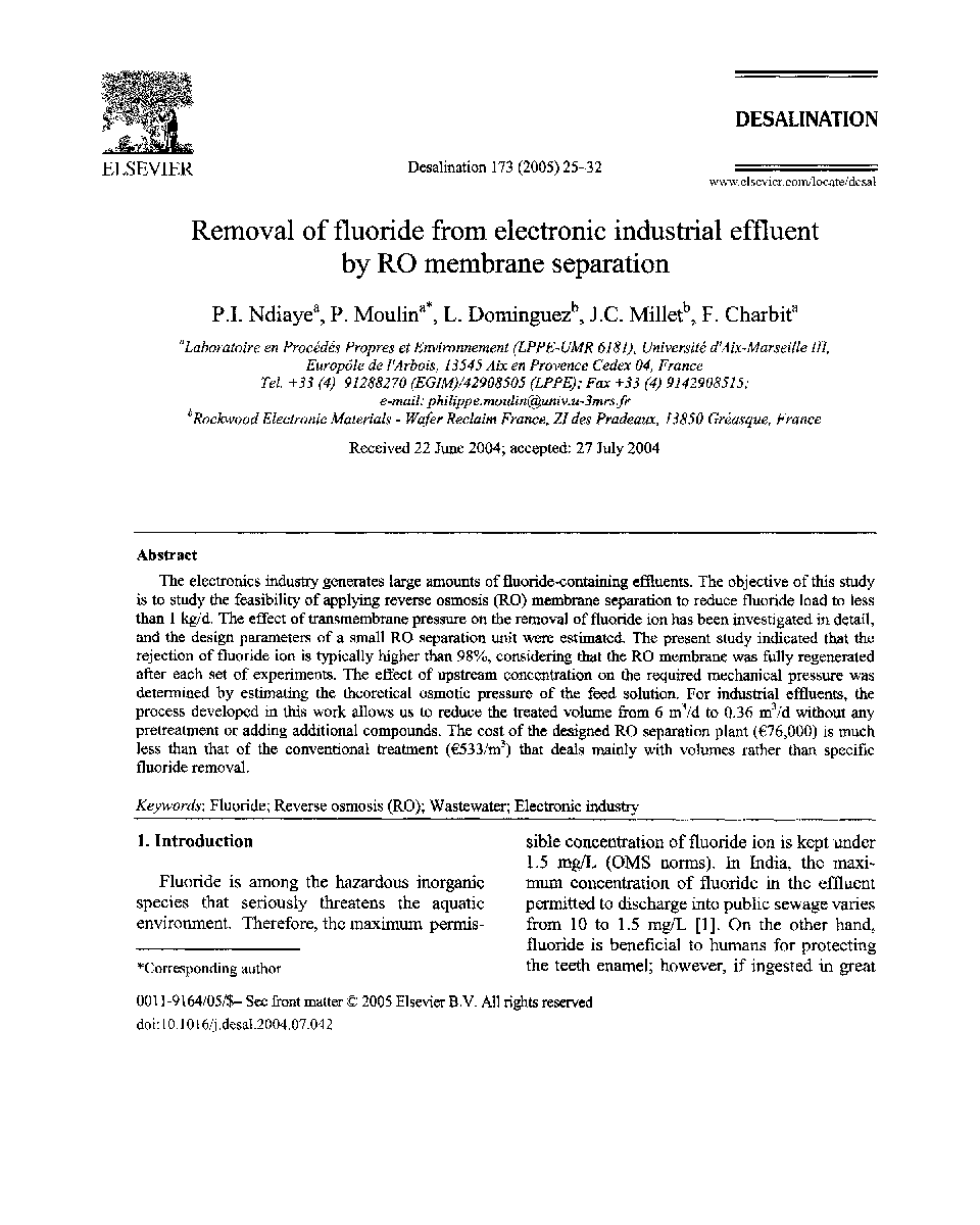 Removal of fluoride from electronic industrial effluentby RO membrane separation