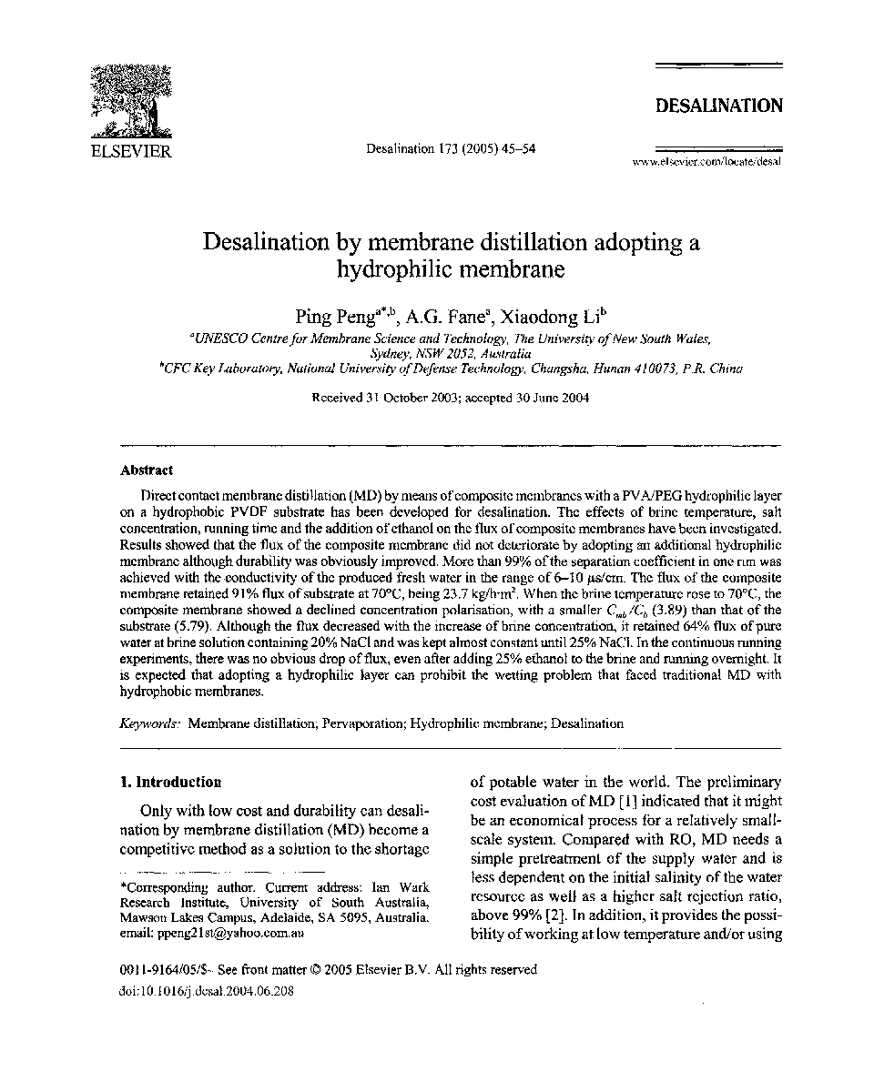 Desalination by membrane distillation adopting a hydrophilic membrane