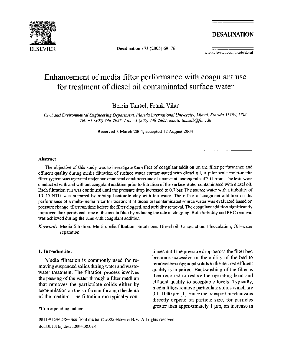 Enhancement of media filter performance with coagulant use for treatment of diesel oil contaminated surface water