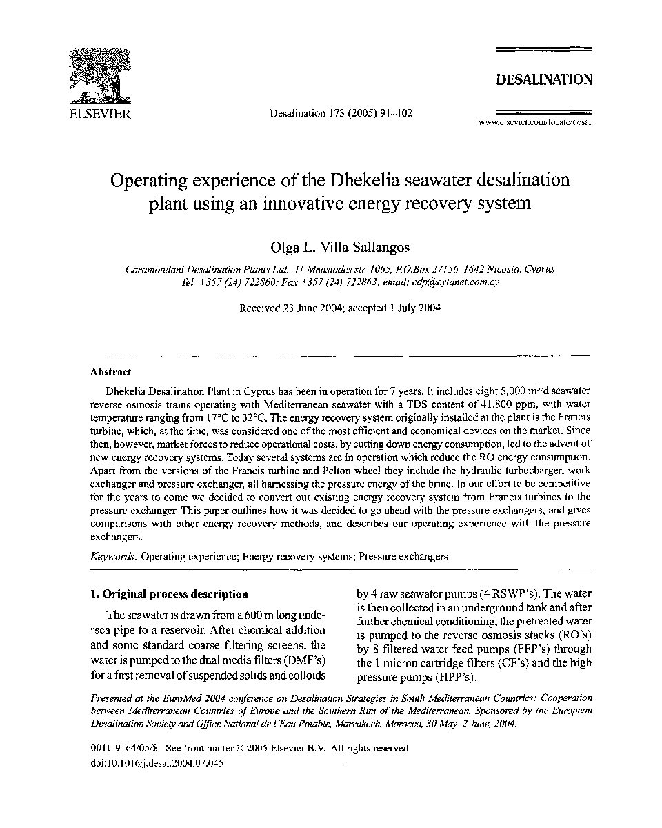 Operating experience of the Dhekelia seawater desalination plant using an innovative energy recovery system