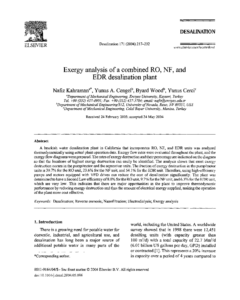 Exergy analysis of a combined RO, NF, andEDR desalination plant