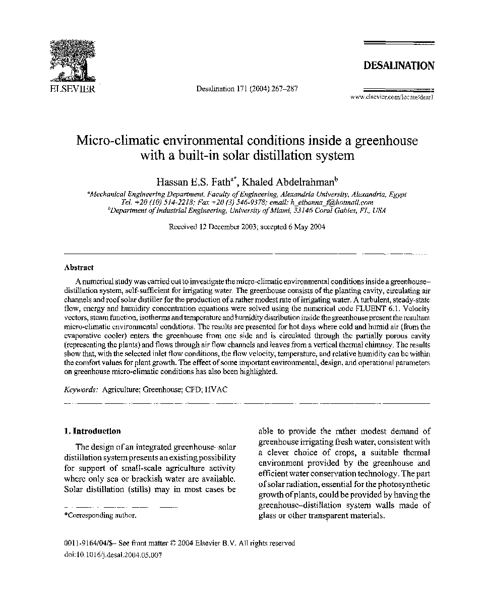 Micro-climatic environmental conditions inside a greenhousewith a built-in solar distillation system