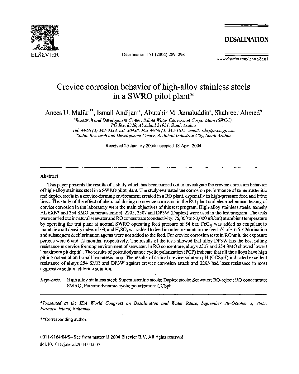 Crevice corrosion behavior of high-alloy stainless steelsin a SWRO pilot plant