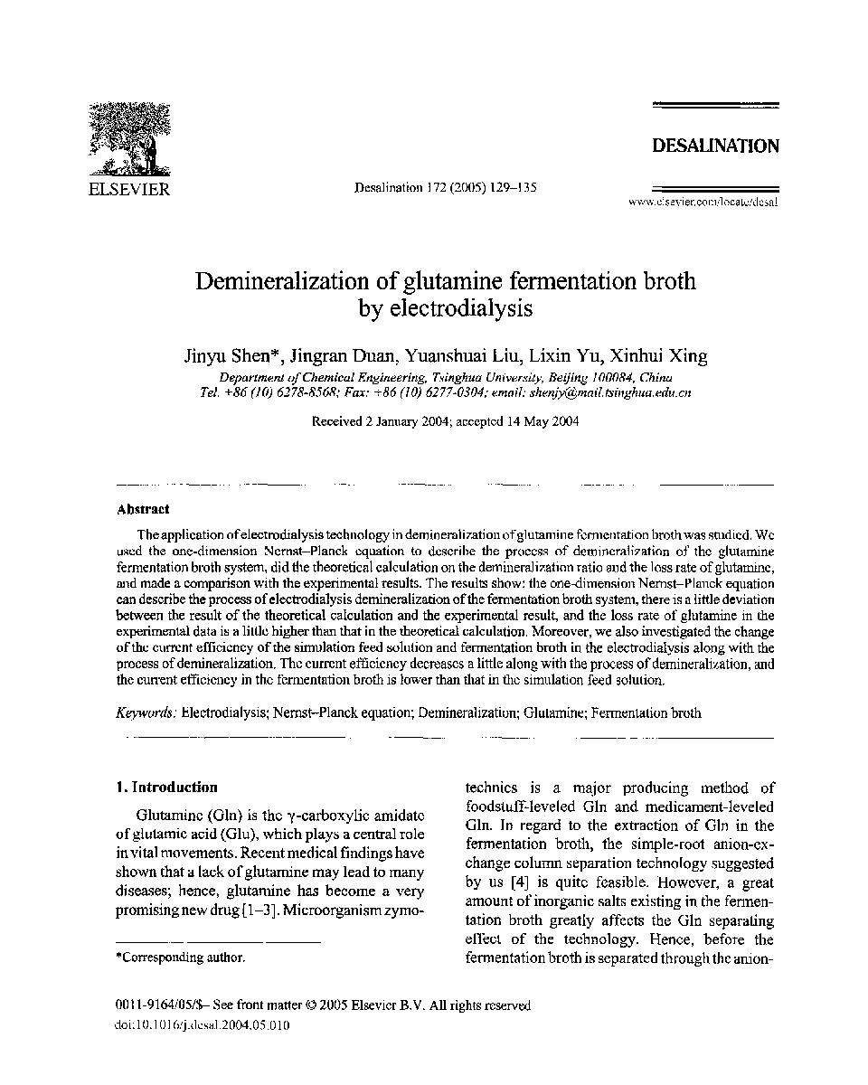 Demineralization of glutamine fermentation broth by electrodialysis