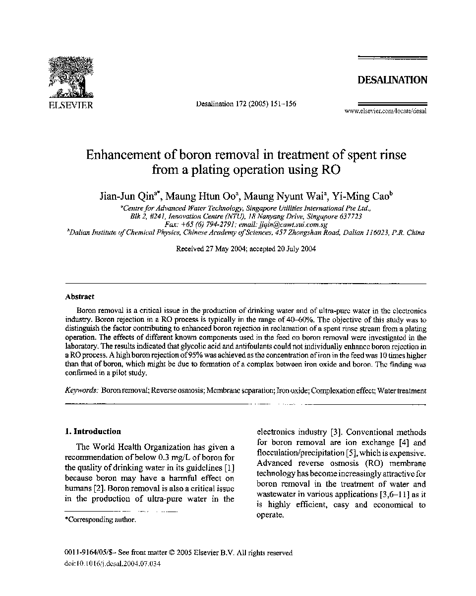 Enhancement of boron removal in treatment of spent rinse from a plating operation using RO