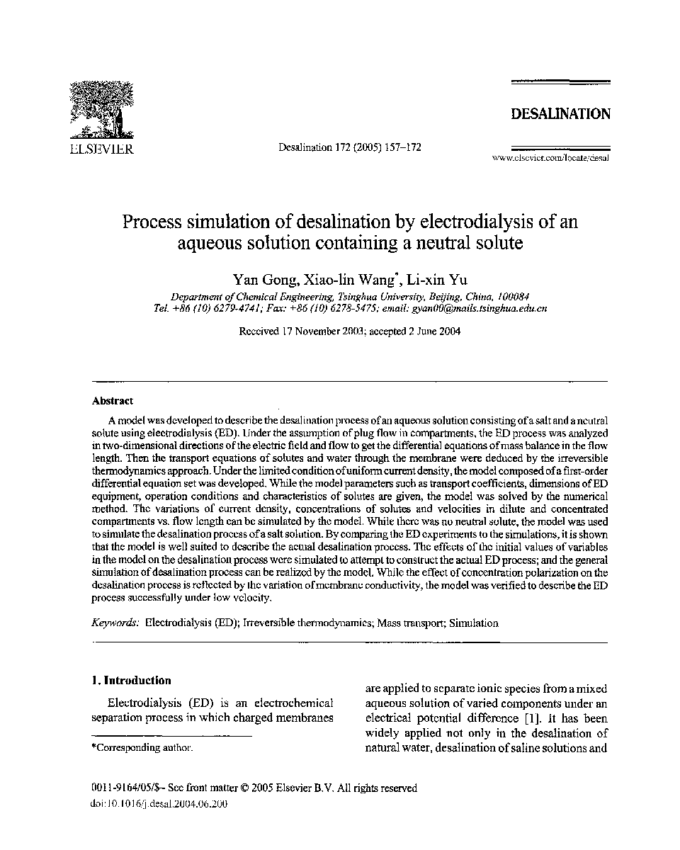 Process simulation of desalination by electrodialysis of an aqueous solution containing a neutral solute