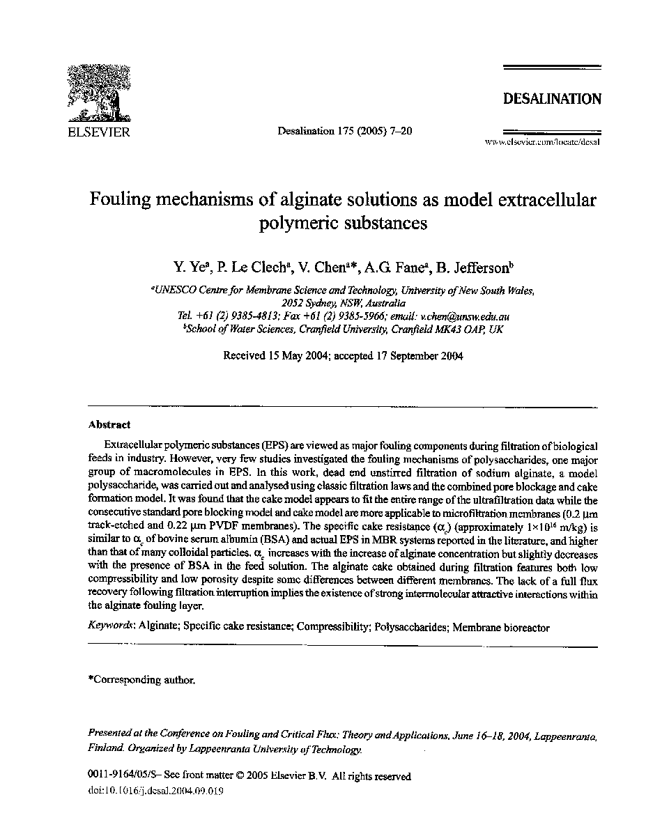 Fouling mechanisms of alginate solutions as model extracellular polymeric substances