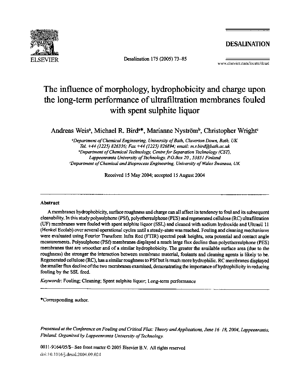 The influence of morphology, hydrophobicity and charge upon the long-term performance of ultrafiltration membranes fouled with spent sulphite liquor