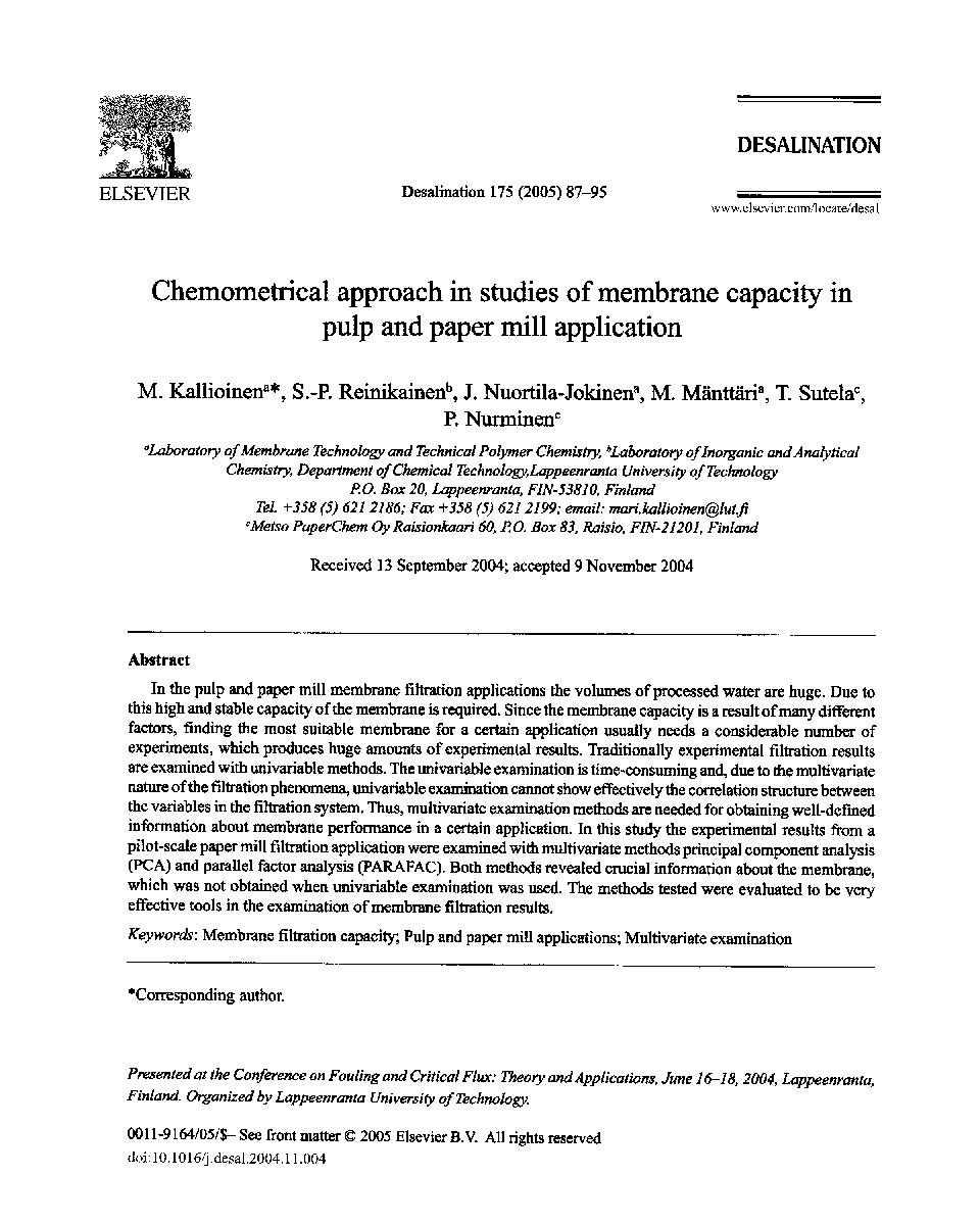 Chemometrical approach in studies of membrane capacity in pulp and paper mill application