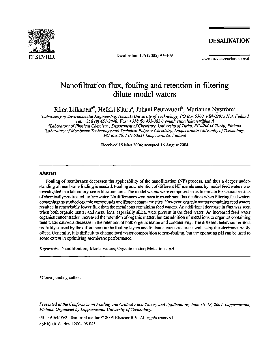 Nanofiltration flux, fouling and retention in filtering dilute model waters