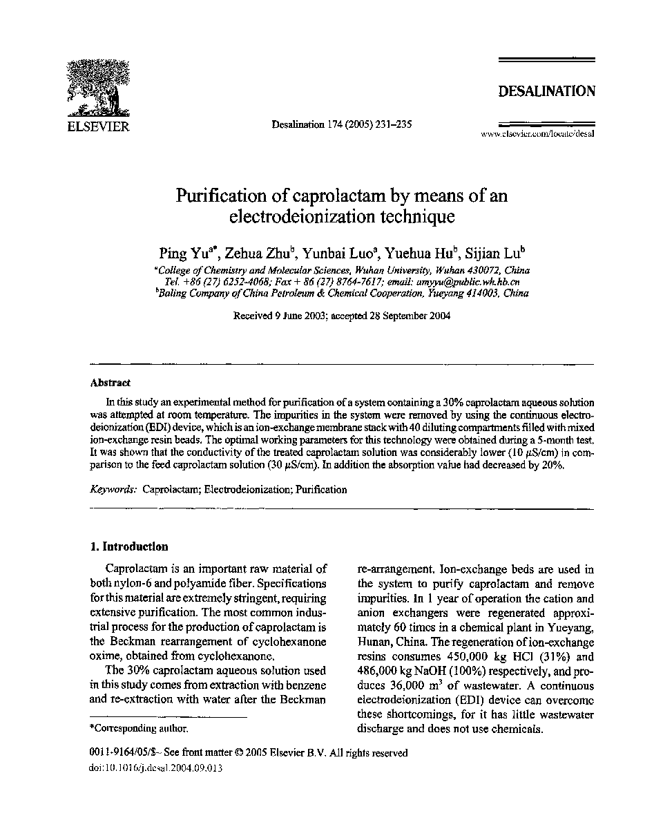 Purification of caprolactam by means of an electrodeionization technique