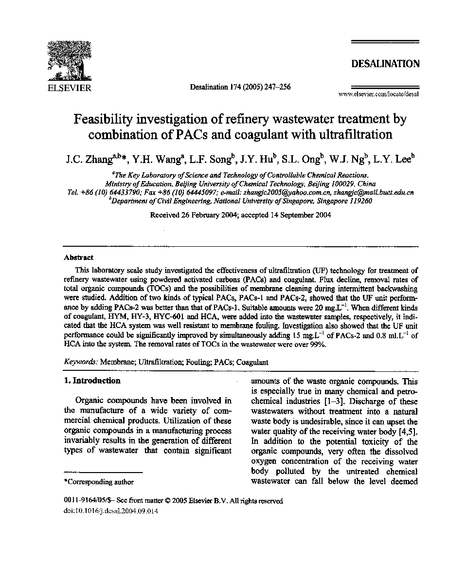 Feasibility investigation of refinery wastewater treatment by combination of PACs and coagulant with ultrafiltration