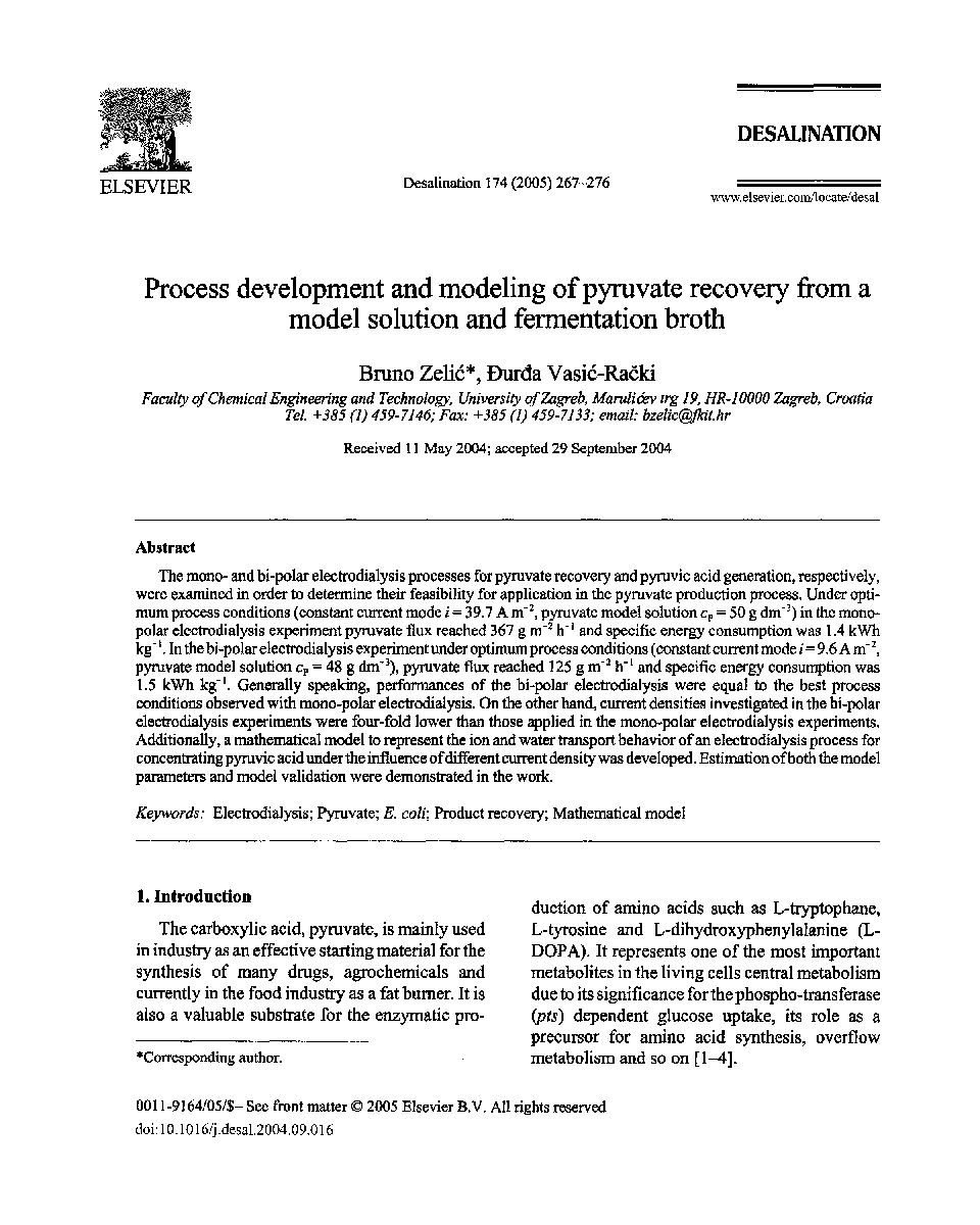 Process development and modeling of pyruvate recovery from a model solution and fermentation broth