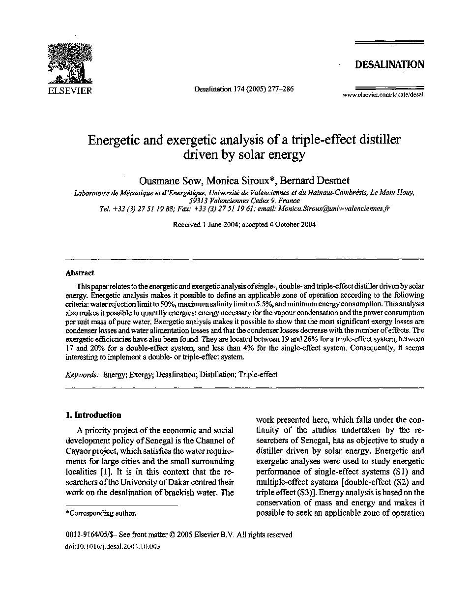 Energetic and exergetic analysis of a triple-effect distiller driven by solar energy