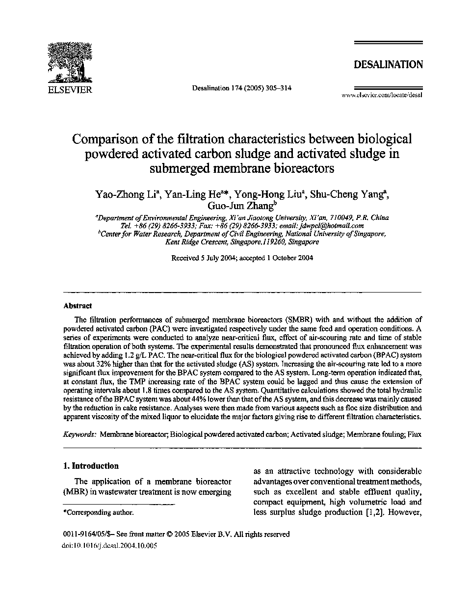 Comparison of the filtration characteristics between biological powdered activated carbon sludge and activated sludge in submerged membrane bioreactors