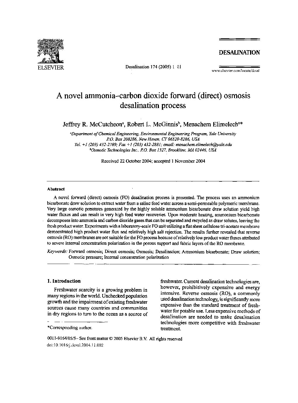 A novel ammonia-carbon dioxide forward (direct) osmosis desalination process