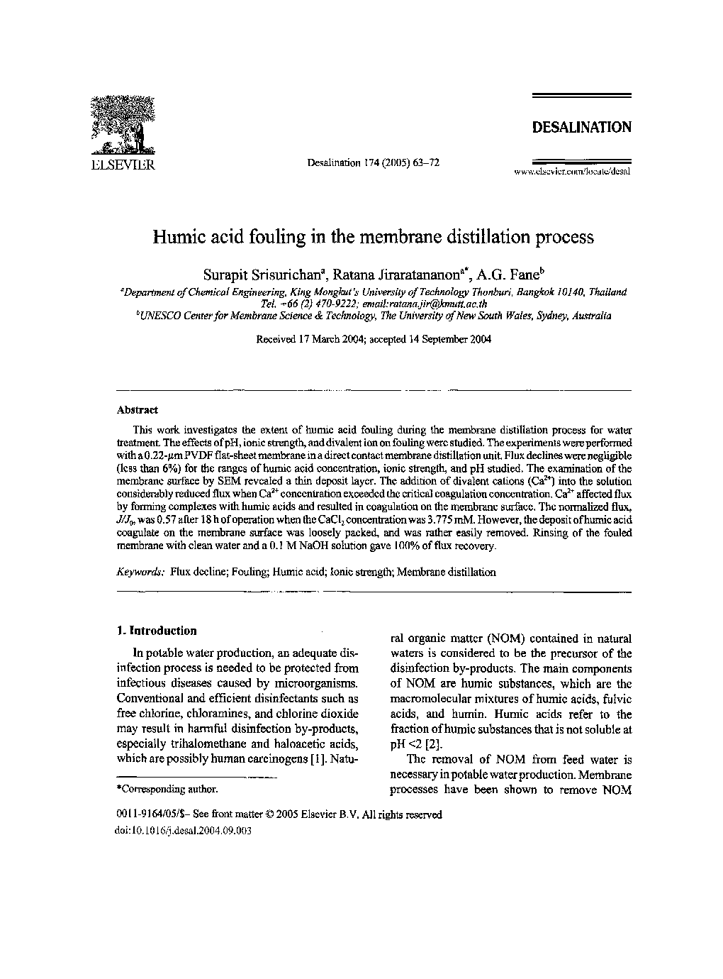 Humic acid fouling in the membrane distillation process