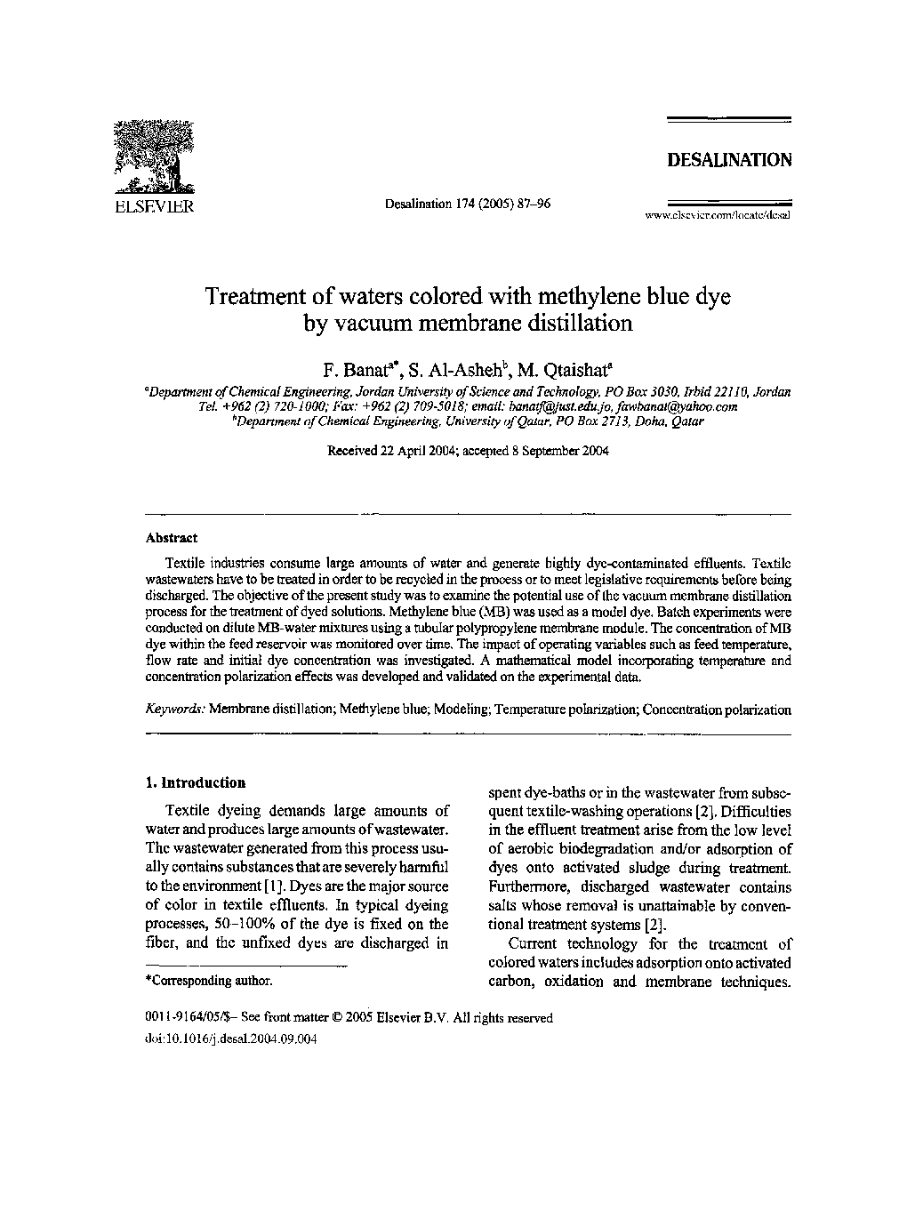 Treatment of waters colored with methylene blue dye by vacuum membrane distillation