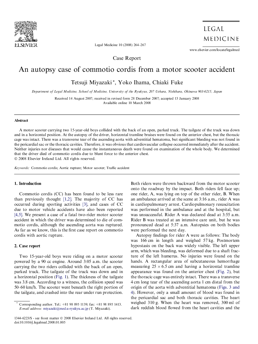 An autopsy case of commotio cordis from a motor scooter accident