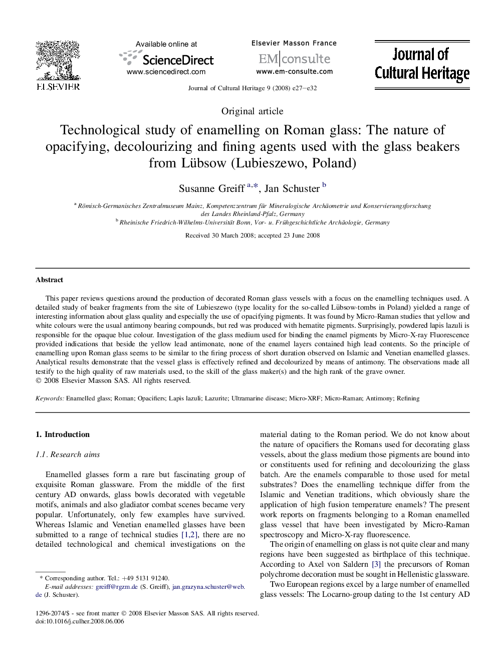 Technological study of enamelling on Roman glass: The nature of opacifying, decolourizing and fining agents used with the glass beakers from Lübsow (Lubieszewo, Poland)