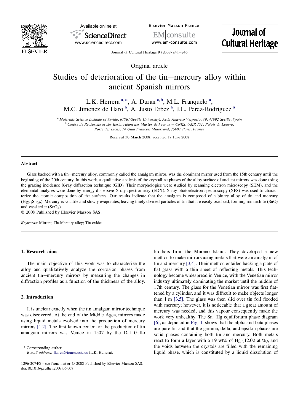 Studies of deterioration of the tin-mercury alloy within ancient Spanish mirrors