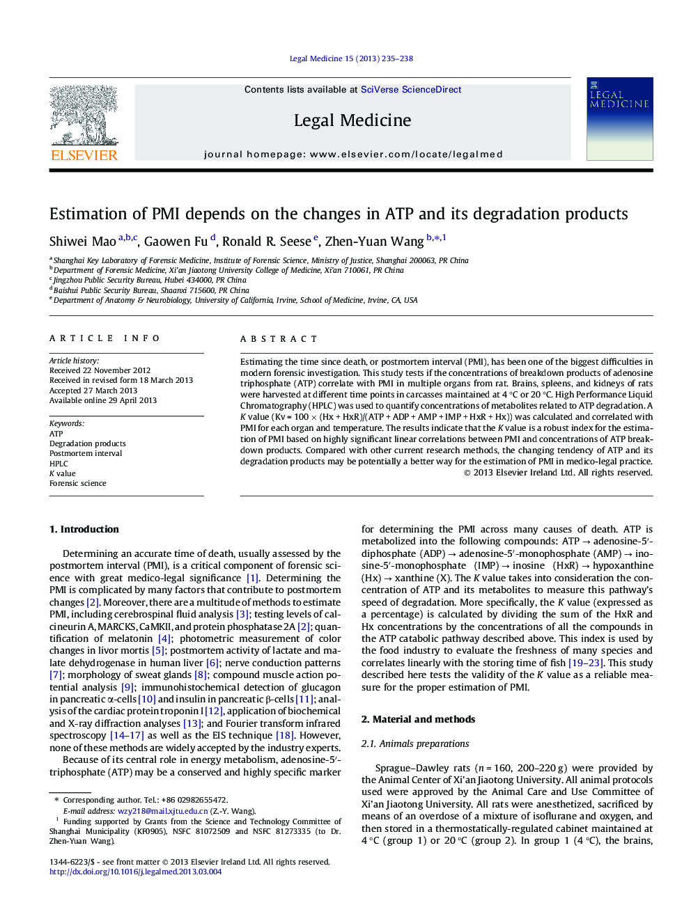 Estimation of PMI depends on the changes in ATP and its degradation products