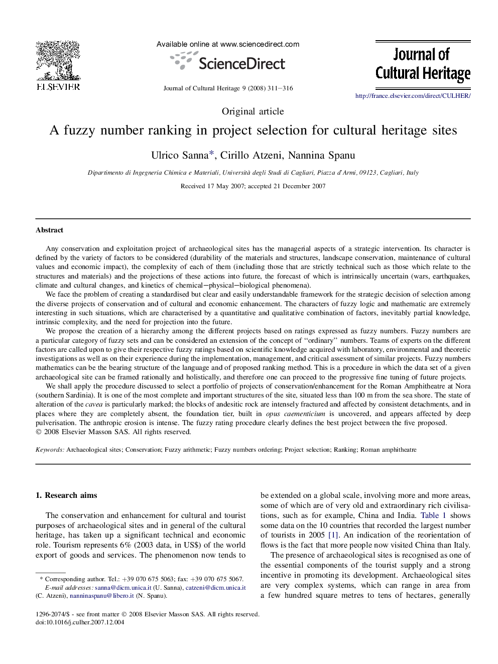 A fuzzy number ranking in project selection for cultural heritage sites