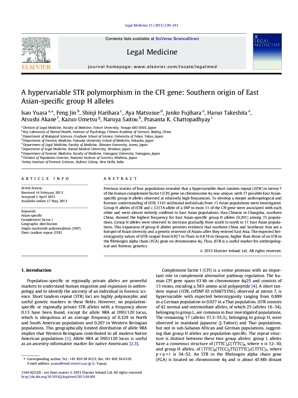 A hypervariable STR polymorphism in the CFI gene: Southern origin of East Asian-specific group H alleles