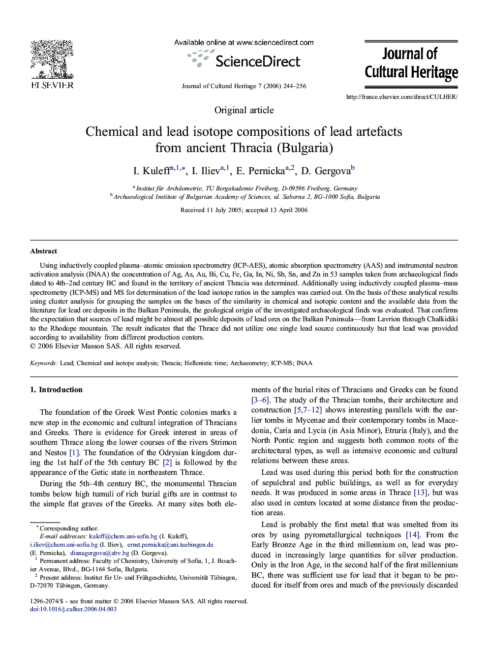 Chemical and lead isotope compositions of lead artefacts from ancient Thracia (Bulgaria)